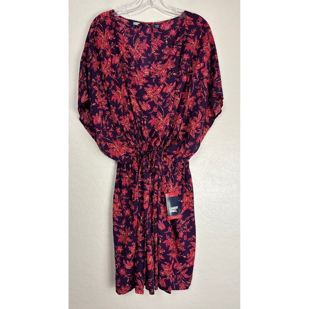 NEW Lands End Purple Floral Modal V-Neck Cinched Waist Dress XL-XXL 2343